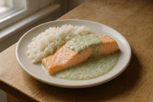 Bord met zalm, romige dillesaus en rijst in een lichte setting