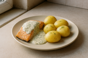 Zalm met romige dillesaus en aardappelen op een bord