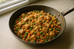 Kip gebakken rijst met groenten en sesam in een wok