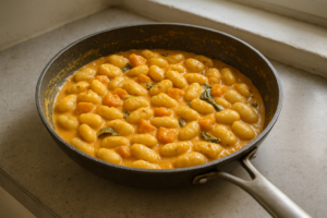 Romige gnocchi met pompoen en salie in een koekenpan