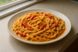Pasta met geroosterde paprika en kipgehakt in romige saus