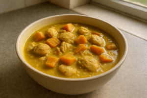 Kom met kip curry met kokosmelk en zoete aardappel
