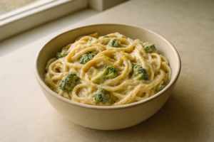 Romige pasta met broccoli en citroen in een kom met lichte saus
