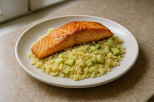 Bord met zalmfilet op citroencouscous en stukjes komkommer