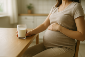 Zwangere vrouw aan een lichte keukentafel met een glas melk voor zich