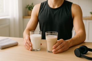 Sporter aan keukentafel die twijfelt tussen een glas koemelk en een plantaardige drank