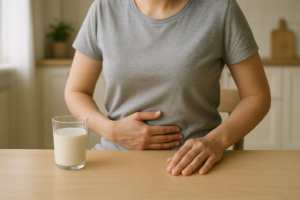 Persoon aan een keukentafel met een glas melk en een hand op de buik, in rustig daglicht