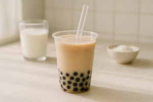 Glas bubble tea met melkachtige basis en tapiocaparels op een lichte keukentafel