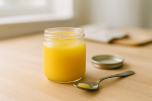 Glazen potje ghee op een lichte keukentafel in daglicht
