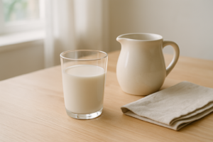 Glas melk op een lichte keukentafel in daglicht, in een rustige alledaagse setting