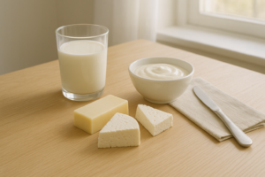 Eenvoudige flatlay met glas melk, schaaltje yoghurt en stukjes kaas van koe, geit en schaap op een lichte keukentafel