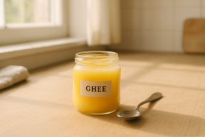 Klein potje ghee op een lichte houten keukentafel in daglicht
