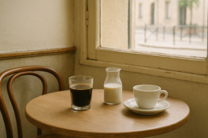 Eenvoudig tafeltje in een Frans café met koffie en een kleine karaf plantaardige melk in zacht daglicht
