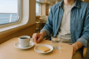 Persoon drinkt koffie zonder melk in een rustige lounge op een cruiseschip