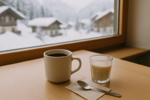 Kop koffie met plantaardige melk op een tafeltje bij een raam met besneeuwd uitzicht tijdens wintersport