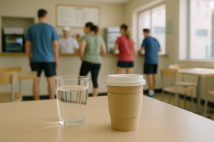 Tafel in een sportkantine met een glas water en een kop koffie als koemelkvrije keuze