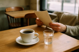 Persoon in een café die met een kop zwarte koffie de menukaart bekijkt