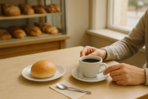 Tafel in een lichte lunchroom met een kop zwarte koffie en een eenvoudig broodje op een bord