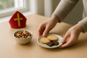 Eenvoudige Sinterklaas-snacks met koekjes, pure chocolade en noten op een lichte tafel