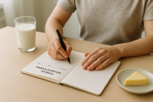 Persoon houdt een eenvoudig klachtenlogboek bij aan tafel naast een glas melk en een klein bordje kaas