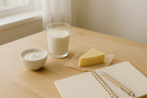 Eenvoudige keukentafel met glas melk, schaaltje yoghurt, stukje kaas en notitieboekje voor klachtenlogboek