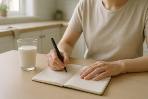 Persoon houdt een eenvoudig klachtenlogboek bij aan een keukentafel naast een glas melk