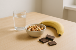 Eenvoudige koemelkvrije snack met noten, pure chocolade en fruit op een lichte keukentafel
