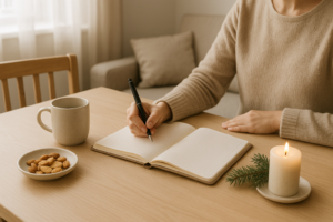 Persoon die aan een lichte tafel de feestdagen plant met een notitieboek, mok en eenvoudige snacks