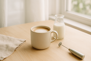 Kop koffie met plantaardig melkschuim op een lichte keukentafel