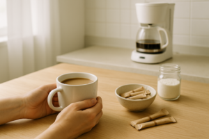 Persoon houdt een kop koffie vast naast een potje melkpoeder op een lichte keukentafel