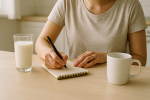 Persoon die aan een keukentafel een voedingsdagboek invult naast een glas melk