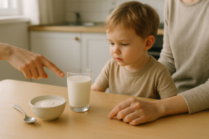Ouder en kind aan een lichte keukentafel met een glas melk en een schaaltje yoghurt, rustig kijkend naar de zuivelopties