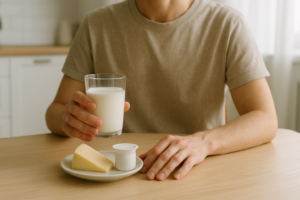 Persoon aan een lichte keukentafel met een glas melk en enkele zuivelproducten