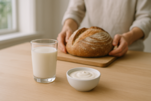 Glas melk en schaaltje yoghurt op een lichte keukentafel met een zuurdesembrood op de achtergrond