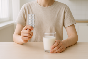 Persoon aan een lichte keukentafel met een glas melk en een strip tabletten