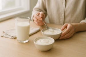 Glas melk en schaaltje yoghurt op een lichte keukentafel in daglicht, met handen die een lepel boven de yoghurt houden