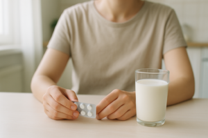 Persoon aan een lichte keukentafel met een glas melk en lactase-tabletten in een rustige setting