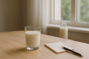 Glas koemelk op een lichte keukentafel naast een notitieblok in zacht daglicht