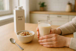 Ontspannen zuivelvrij ontbijt met glas plantaardige drank en kom havermout op een lichte keukentafel