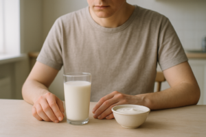 Persoon aan een lichte keukentafel die rustig naar een glas melk en een schaaltje yoghurt kijkt