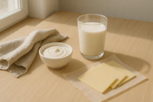 Eenvoudige flatlay met glas melk, schaaltje yoghurt en wat plakjes kaas op een lichte keukentafel