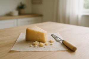 Stukje gerijpte harde kaas met kruimels op bakpapier op een lichte keukentafel