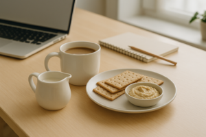 Eenvoudige tafel met koffie, plantaardige drink en koemelkvrije snack in helder daglicht