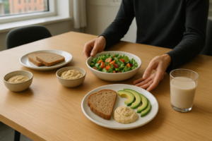 Informele kantoorlunch met eenvoudige koemelkvrije opties op tafel