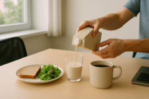 Eenvoudige kantoorlunch met plantbased melk als alternatief voor koemelk