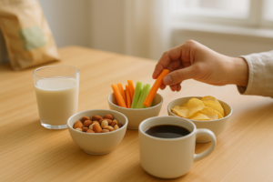 Eenvoudige tafel met koemelkvriendelijke snacks en een glas plantaardige drank tijdens een informeel samenzijn