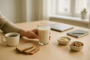 Eenvoudige lunchtafel op werk met plantaardige drank en koemelkvrije opties