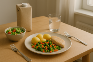 Eenvoudige lactosevriendelijke maaltijd met groente, aardappelen en salade op een lichte keukentafel