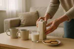Koffietafel met gewone en lactosevrije opties voor visite met lactose-intolerantie