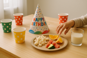 Kinderfeestje met eenvoudige lactosevriendelijke snacks op tafel